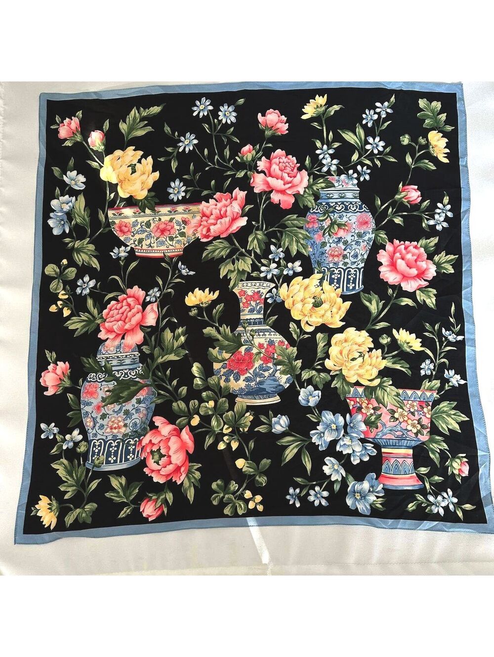 Vintage Talbots Silk Scarf 26" Black Floral Chinoiserie Ginger Jar Square